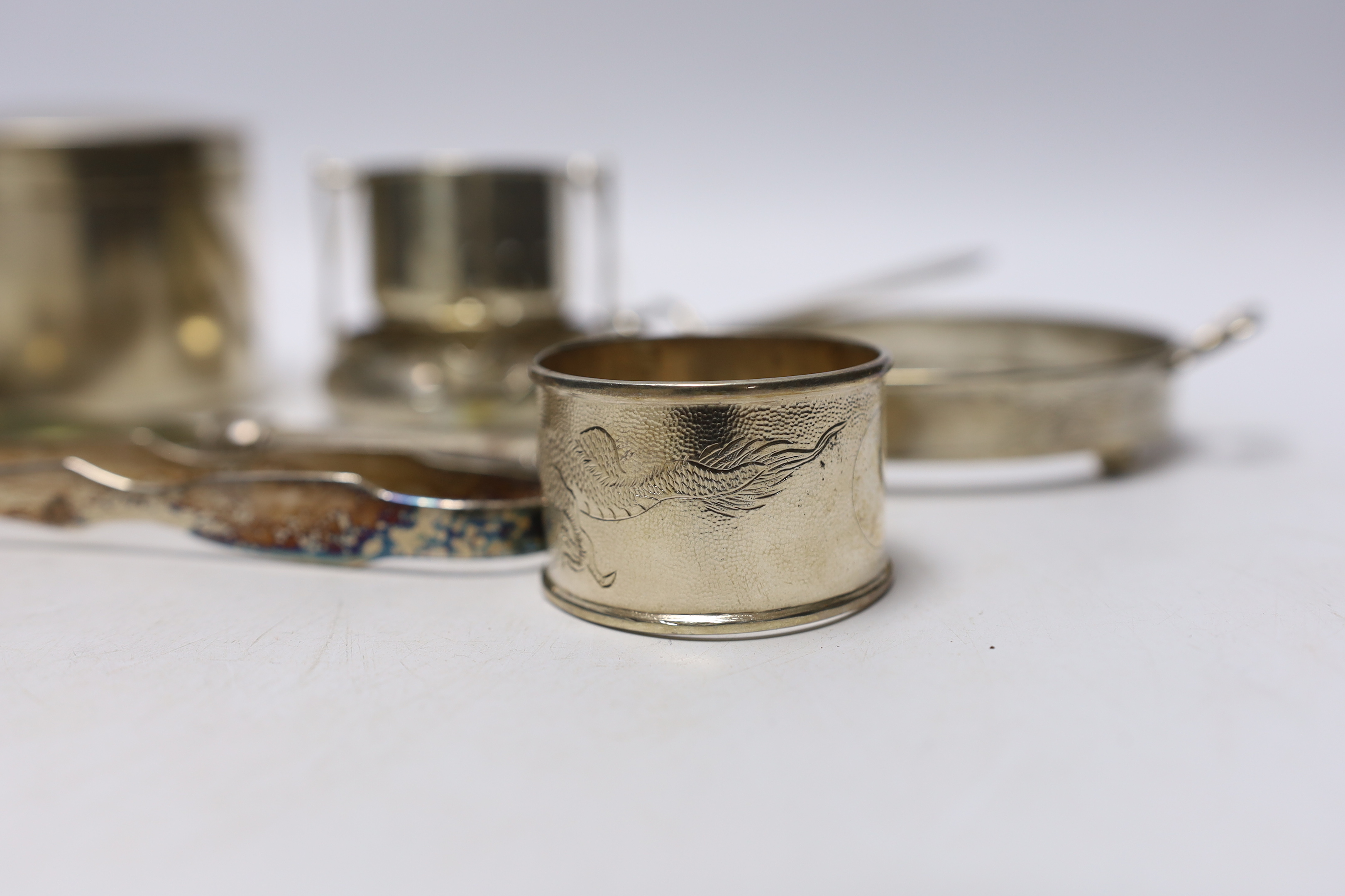 A group of assorted Chinese white metal items, including a box and cover by Lainchang, base by Zeesung, tea strainer napkin ring, etc and a mounted pin cushion by Tok Sang, 74mm.